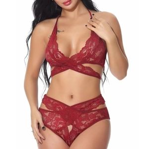 ROSE GARDEN FLORAL LACE HALTER LINGERIE SET
